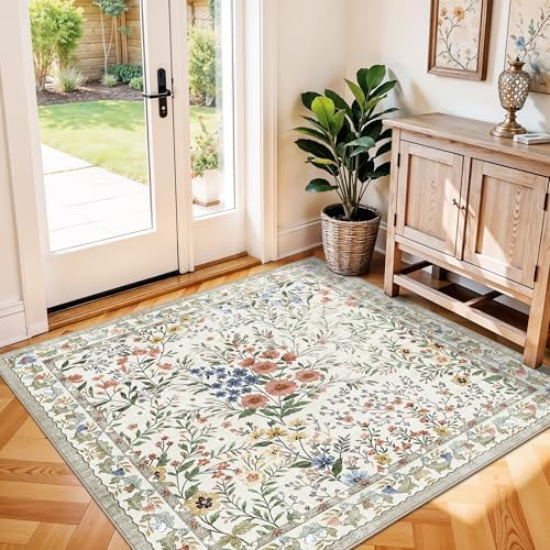 4x4 Square Entry Rug Foyer Entryway: Non-Slip Floral Washable Rugs for Indoor Floor Living Room Kitchen Bedroom - Soft Thin Doormat Carpet Boho Vintage Home Decor (4ft Square, Beige) by YOUFORTONG