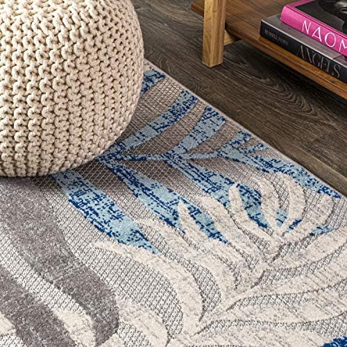 JONATHAN Y Tropics Palm Leaves Indoor Outdoor Round Area Rug 6 Ft Gray/Blue - Image 3