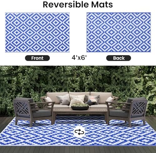 Smiry Outdoor Rug 4x6 ft Waterproof Reversible Boho Mat, White & Blue - Image 3