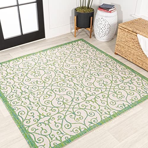 JONATHAN Y Vintage Filigree Indoor Outdoor Square Area Rug 5X5 Cream/Green, Madrid Textured Weave for Backyard, Patio, Porch, Easy-Cleaning, High Traffic, Pet-Friendly, Non-Shedding (SMB107J-5SQ) by JONATHANY