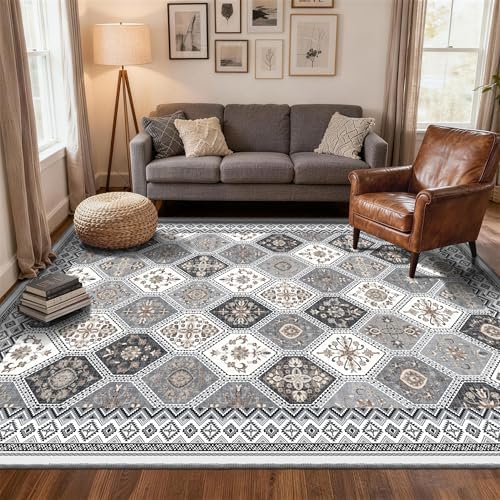 6x9 Area Rugs for Living Room, Non-Slip Vintage Boho Moroccan, Gray/ Gold by TTelephant