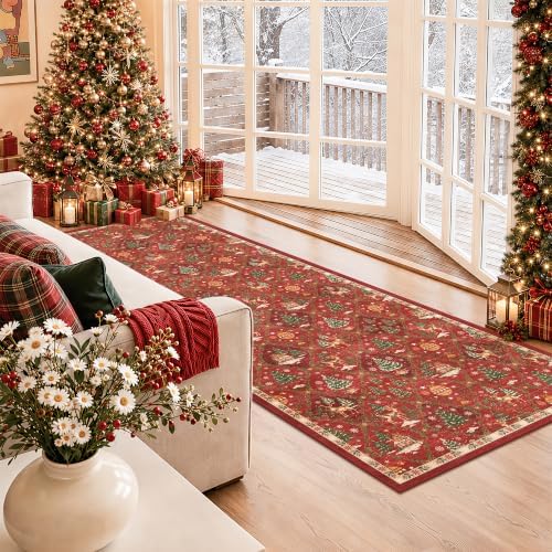 Christmas 3x8 Washable Kitchen Runner Rug, Red Non Slip Low Pile Rug by Soalmost