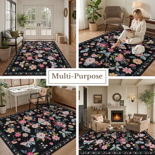 5x7 Area Rug Living Room: Soft Floral Washable Boho Carpet Black - Image 5
