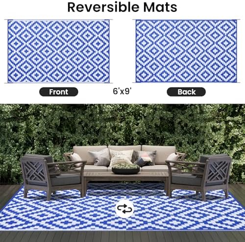 Smiry Outdoor Rug 6x9 ft Waterproof Reversible Boho Mat, White & Blue - Image 3
