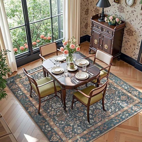 jinchan 5x7 Washable Living Room Area Rug, Vintage Floral, Dark Blue - Image 3