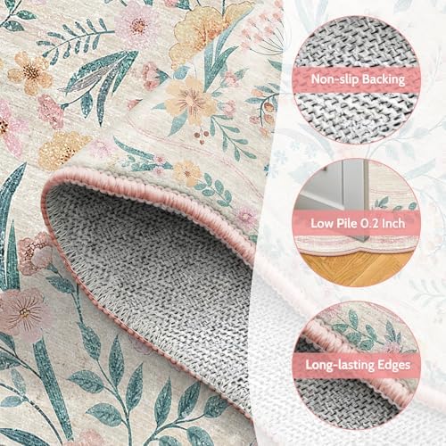 Round Rug 5ft, Scalloped Pink Floral Washable Nursery Rug - Image 4