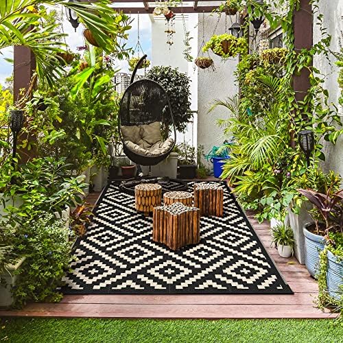 GENIMO Outdoor Rug, Waterproof Plastic Rugs for Patio, 4'x6' Black Beige - Image 4