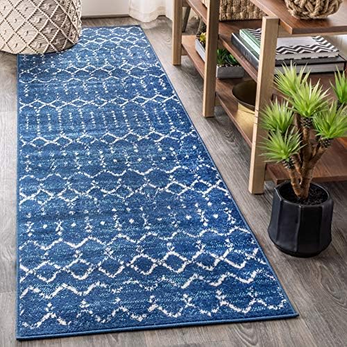JONATHAN Y Boho Vintage Diamond Blue/White Runner Rug 2X10 ft, Moroccan Hype for Living Room, Bedroom, Kitchen, Office, Easy-Cleaning, High Traffic, Pet-Friendly, Non-Shedding (MOH101A-210) by JONATHANY