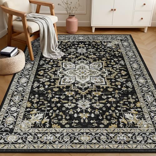 4x6 Area Rugs Living Room: Washable Rug for Bedroom Black Gold - Image 2