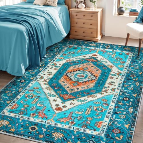 SERISSA 4x6 Washable Non Slip Boho Area Rug for Bedroom，Blue by SERISSAHomeDecorCollection