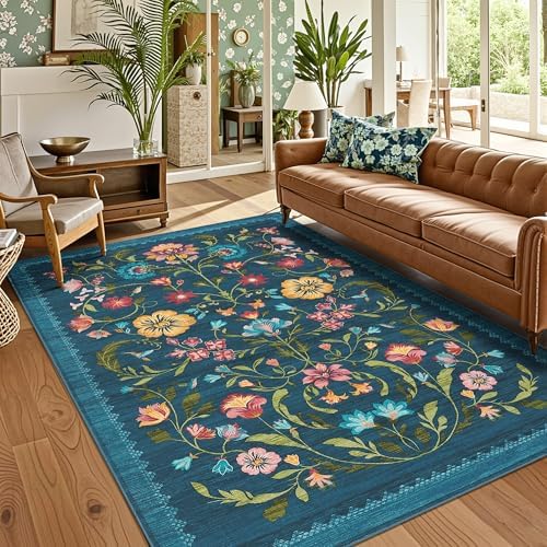 GarveeHome Washable Rug 5x7 Area Rugs for Living Room, Floral Rug for Bedroom, Soft Boho Non Slip Throw Rugs with Rubber Back, Low Pile Stain Resistant Vintage Floral Carpet for Dining Room, Blue by GarveeHome