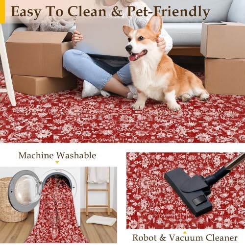PureCozy Red Entryway Area Rug 2x3 Vintage Floral Farmhouse - Image 3