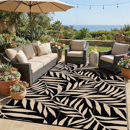 Smiry Outdoor Rug 6x9 ft Waterproof Reversible Leaf Mat, Black & Beige by Smiry