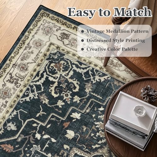 Vintage Distressed 2x3 Kitchen Rugs Washable Non Slip, Medallion Door Mat Indoor Entrance Entryway, Small Low Pile Rugs for Bedroom/Bathroom Vanity/Laundry Room, Midnight with Multi Accents - Image 5