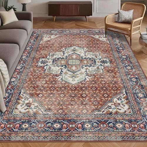 Washable Area Rug 5' x 7' Vintage Traditional Persian Mat - Foldable Distressed Non-Slip Machine Washable Carpet for Living Room Bedroom Kitchen Home Decor - Terracotta and Navy by Unknown
