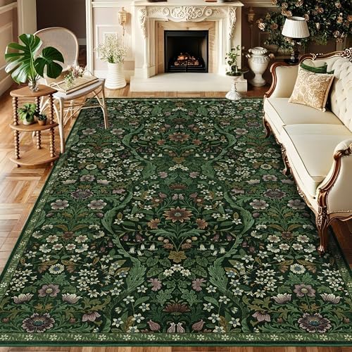 Floral Area Rug 5x8 Botanical Washable Carpet for Living Room by NakedCloud