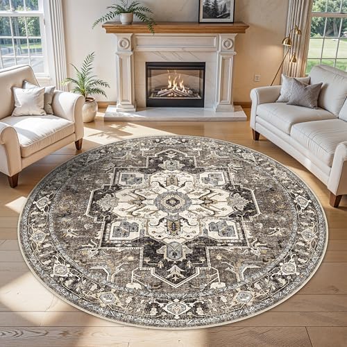 RUUGME Ultra-Thin Washable Round Rug - 6ft Large Dining Room Round Area Rug Vintage Stain Resistant Carpet for Living Room Bedroom Non-Slip Backing Soft Low Pile Floor Mat for Nursery(Beige,6'Round) by RUUGME