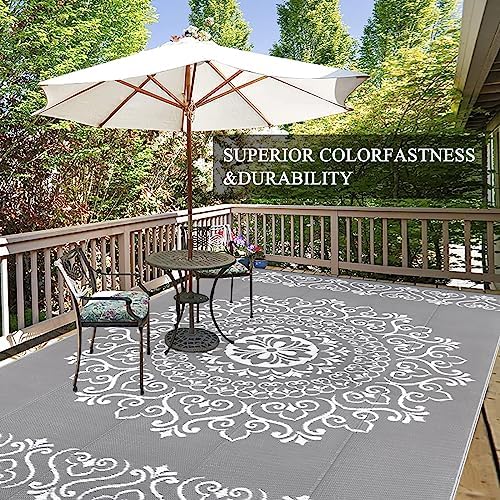 Pauwer Outdoor Rug 8x10, Waterproof Plastic Straw Camping Rug, Floral Grey - Image 4