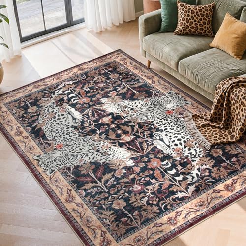 Moynesa Leopard Washable Area Rugs for Living Room, 5x7 Vintage Soft Rug for Bedroom, Non Slip Boho Ultra Thin Large Stain Resistant Throw Rug for Dining Guest Room, Puce Red by Moynesa
