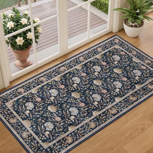 DUKINO 2x4 Rug, Washable Vintage Floral Entryway Rug Non Slip, Navy Blue by DUKINO