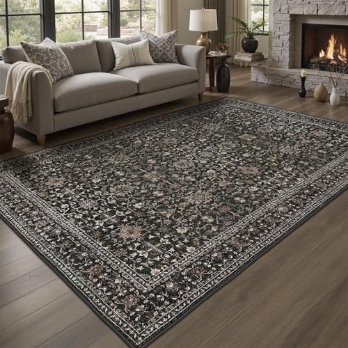 DCX Black 9x12 Rug, Kid & Pet Friendly with Rubber Back Non Slip, Machine Washable Stain Resistant Vintage Traditional Distressed Carpet, Rug for Living Room, Bedroom, Home Decor by DCXWashableRug