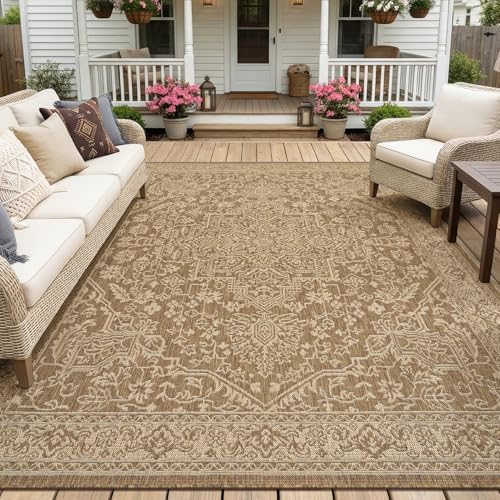 MontVoo-Outdoor Rug-Patio Rug 8x10 Polypropylene Indoor Outdoor Rugs Carpet for Patio Deck Balcony Porch, Textured Weave, Durable for High Traffic, Fade-Resistant, Vintage Medallion Neutral Brown by MontVoo