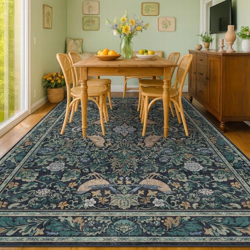 Blue Washable 7x9 Kitchen Rug for Floor, Boho Floral & Bird Pattern Living Room Area Rug, Low Pile Soft Farmhouse Bedroom Carpet, Cottagecore Home Décor, Non Slip & Stain Resistant - Image 3