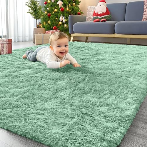 OLANLY Area Rugs for Living Room Bedroom, Machine Washable 4x5.9 ft Soft Fluffy Shaggy Bedside Rug, Indoor Floor Carpet for Kids Girls and Boys, Dorms, Nursery Rooms, Home Decor Aesthetic, Mint Green by OLANLY