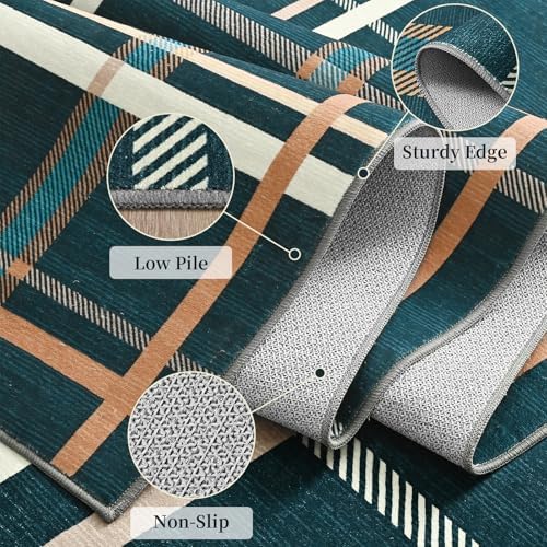 Terrug Blue Striped Checkered Rug for Living Room, 5x7 Washable Area Rugs - Image 6
