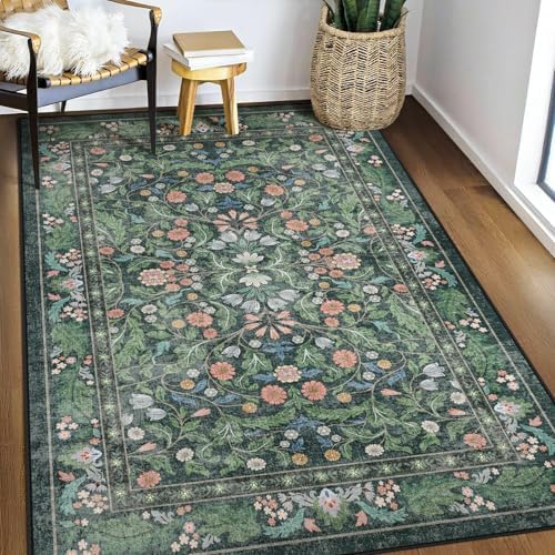 Floral Indoor Entrance 3x5 Area Rug, Washable Vintage Boho Entryway Rugs, Low Pile Non Slip Soft Carpet for Kitchen, Bedroom Beside, Laundry Room, Office Rug, Kids Room, Nursery Room， Green by NEIGELUO