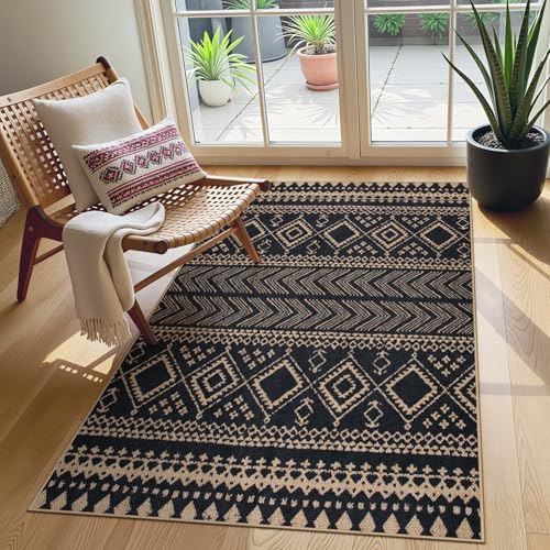 Lahome Boho Western Balcony Rug, Black 3x5 Washable Entryway Rug by Lahome
