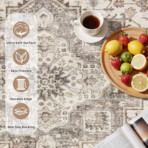 cotiled 8ft Round Living Room Area Rug, Washable, Traditional, Light Brown - Image 3