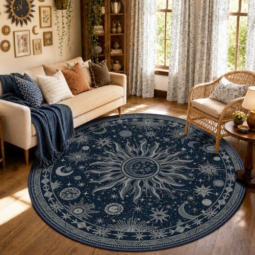 Vacuum-Friendly, Round 6ft Washable Area Rug, Blue Gray White by meejou