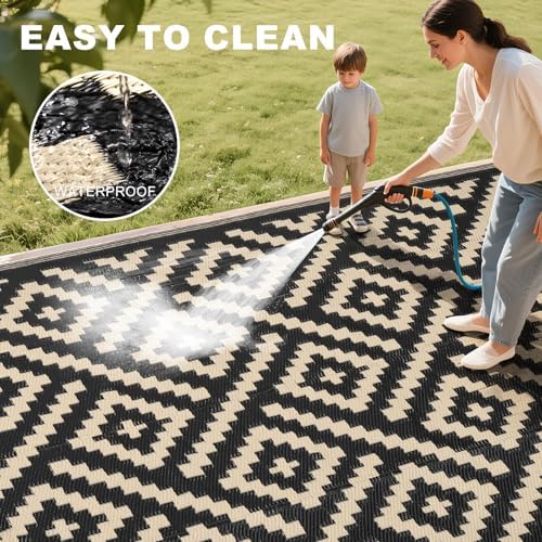 RURALITY Outdoor Rugs 9x12 Feet for Patios Clearance,Plastic Straw Waterproof Mats for Backyard,Porch,Deck,Balcony,Black&Beige - Image 5