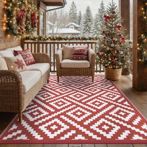 GENIMO Outdoor Rug, Waterproof Plastic Rugs for Patio, 8'x10' Red White by GENIMO