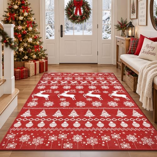 Christmas Red 4x6 Area Rugs for Entryway, Washable Rug Soft Non-Slip Low Pile Christmas Tree Elk Snowflake Small Carpet for Kitchen Living Room Bedroom Kids Nursery Holiday Throw Home Decor(Red Elk) - Image 3