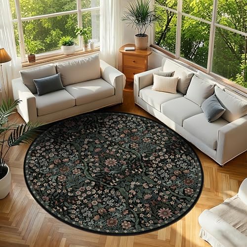 Round Rug 7ft Floral Circle Rug Black Botanical Indoor Area Rugs by NakedCloud