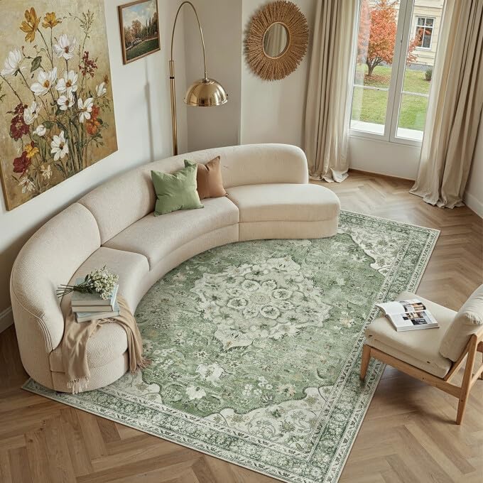 PureCozy Sage Green Area Rug 9x12 Living Room Vintage Non-Slip Carpet - Image 2