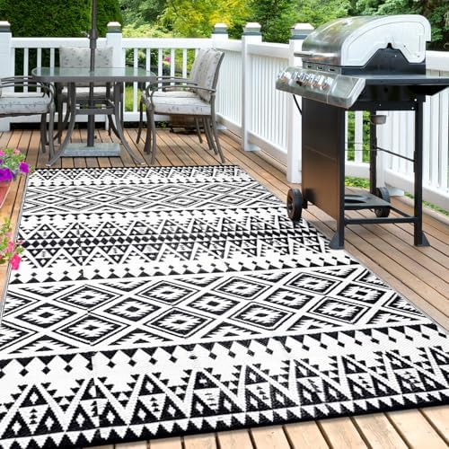 Waterproof Outdoor Rug 6x9ft, Bohemia Reversible Plastic Straw Mat for Patio RV Deck Porch Backyard Balcony Camping Picnic Beach Indoor Outdoor Carpet, Black&White - Image 6
