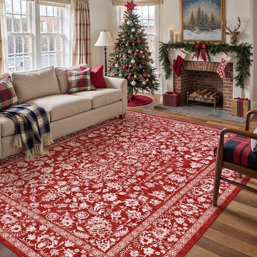 PureCozy Red Area Rug 6x9 Vintage Floral Farmhouse by PureCozy