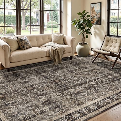 Washable Area Rug 6'x9' Living Room, Vintage MCM, Black/Brown/Beige by Jainmy