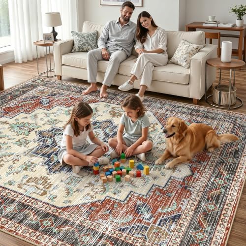 Area Rugs 8x10 Washable Non-Slip Large Boho Rug for Living Room, Taupe Red - Image 6
