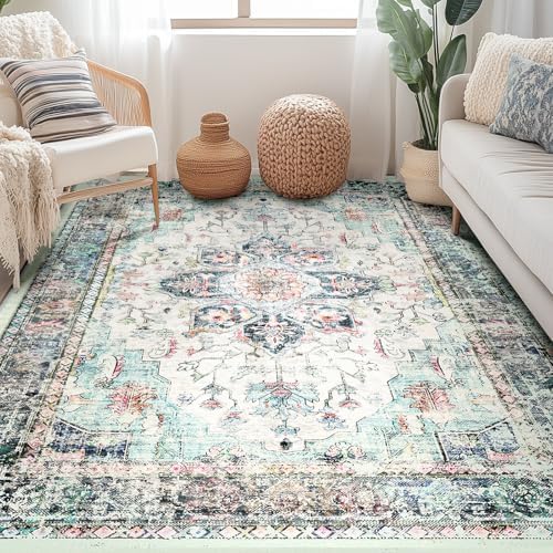 BESTSWEETIE Washable Boho 3x5 Area Rug for Living Room, Multi Navy Teal - Image 2