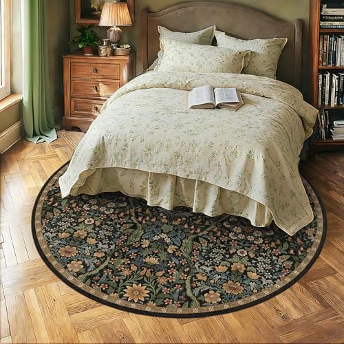 Round Rug 7ft Floral Circle Rug Brown Botanical Indoor Area Rugs - Image 2