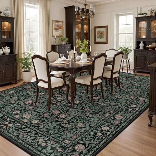 10x12 Area Rug Living Room: Soft Floral Washable Carpet Dark Green - Image 4