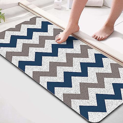 godehone Shower Mats Non Slip Without Suction Cups, PVC Loofah Bathroom Mats, Loofah Mats for Shower and Bathroom, Quick Drying, 15.7×36 Inch, Blue Geometric by godehone