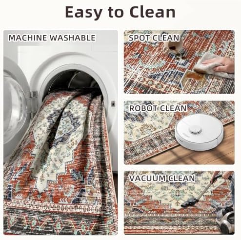 Area Rugs 5x7 Washable Non-Slip Boho Rug for Living Room, Taupe Red - Image 4