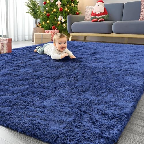 OLANLY 8x12 Machine Washable Large Area Rugs for Living Room, Bedroom, Soft Fluffy Shaggy Bedside Rug, Indoor Floor Carpet for Kids Girls and Boys, Dorms, Nursery, Home Decor Aesthetic, Navy Blue by OLANLY