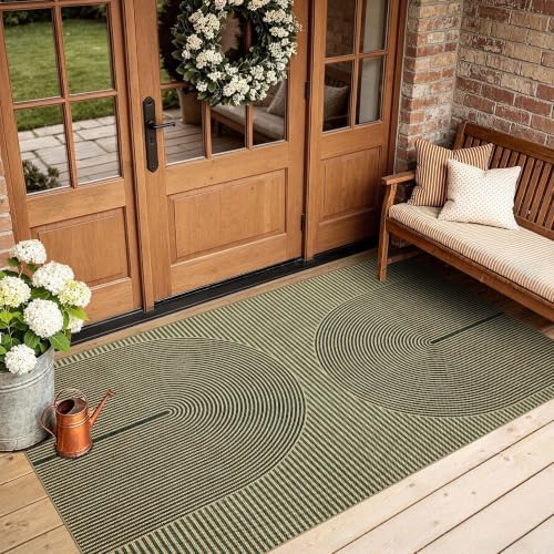 Non-Slip Jute Rug for Entryway: 3x5 Outdoor Mat - Green Curve Pattern - Image 2