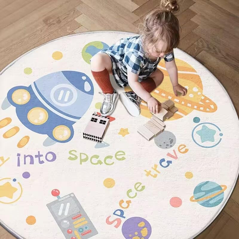Poowe Space Travel Area Rug, Round Kids Room Decoration, Washable Non-Slip Rug for Bedroom,Round 39.4" - Image 2